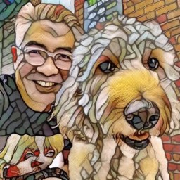 a painting of a man and his dog.