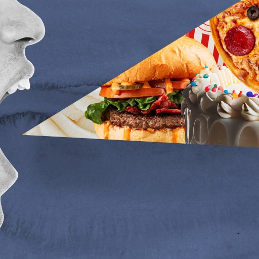 a man opening his mouth to see a slice of pizza.