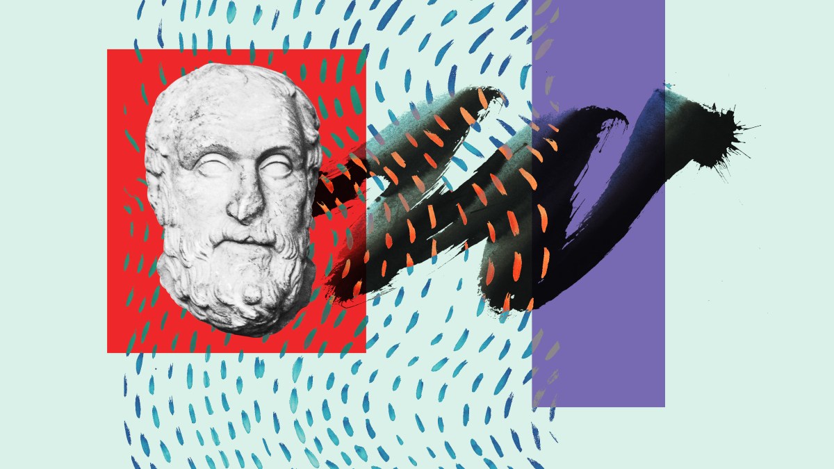 a painting of a bust of a man with a red and blue background.