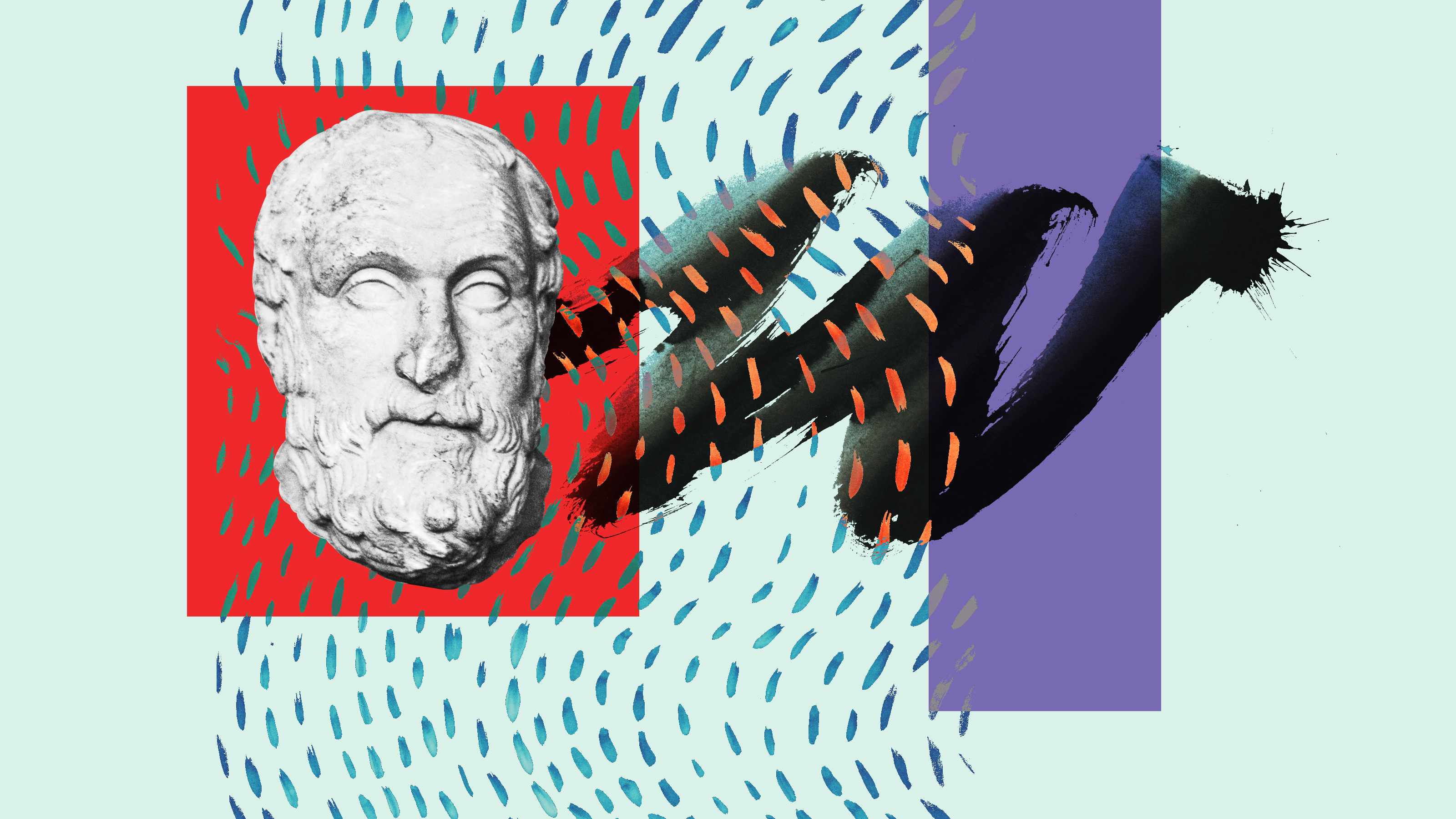 a painting of a bust of a man with a red and blue background.