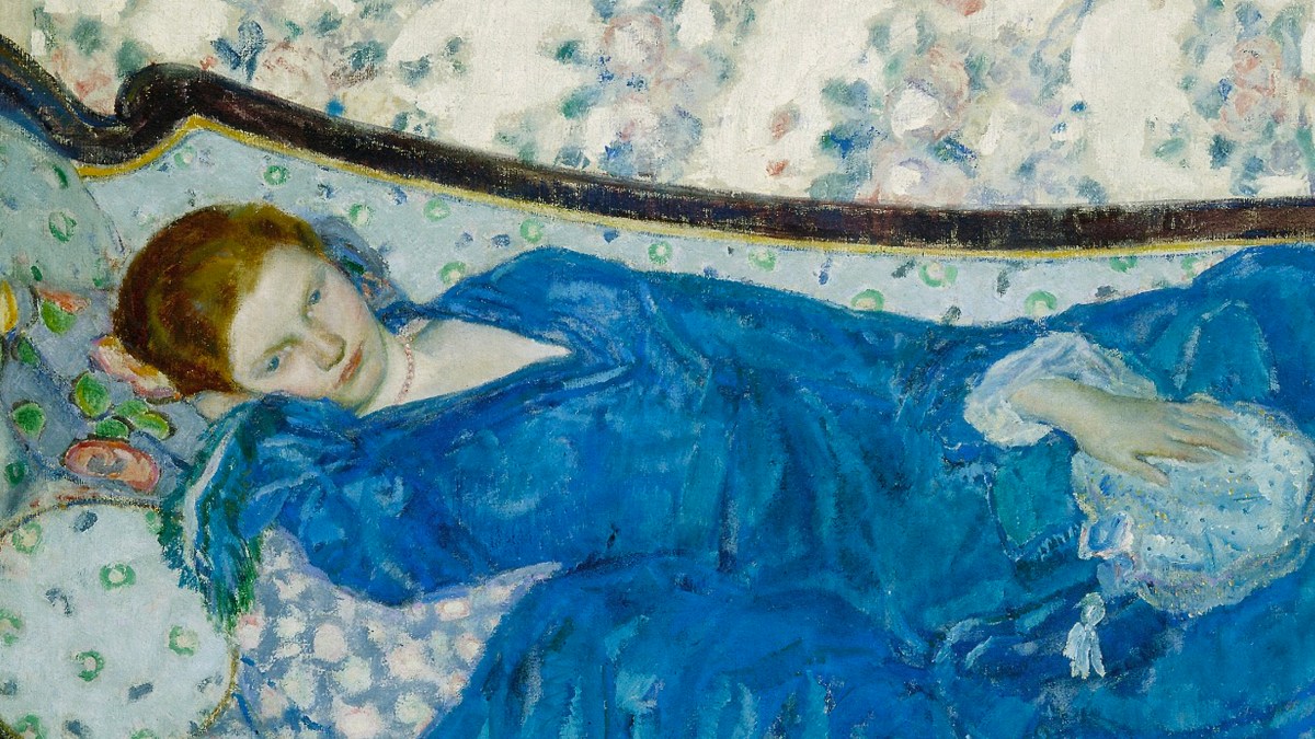 a painting of a woman laying on a couch.