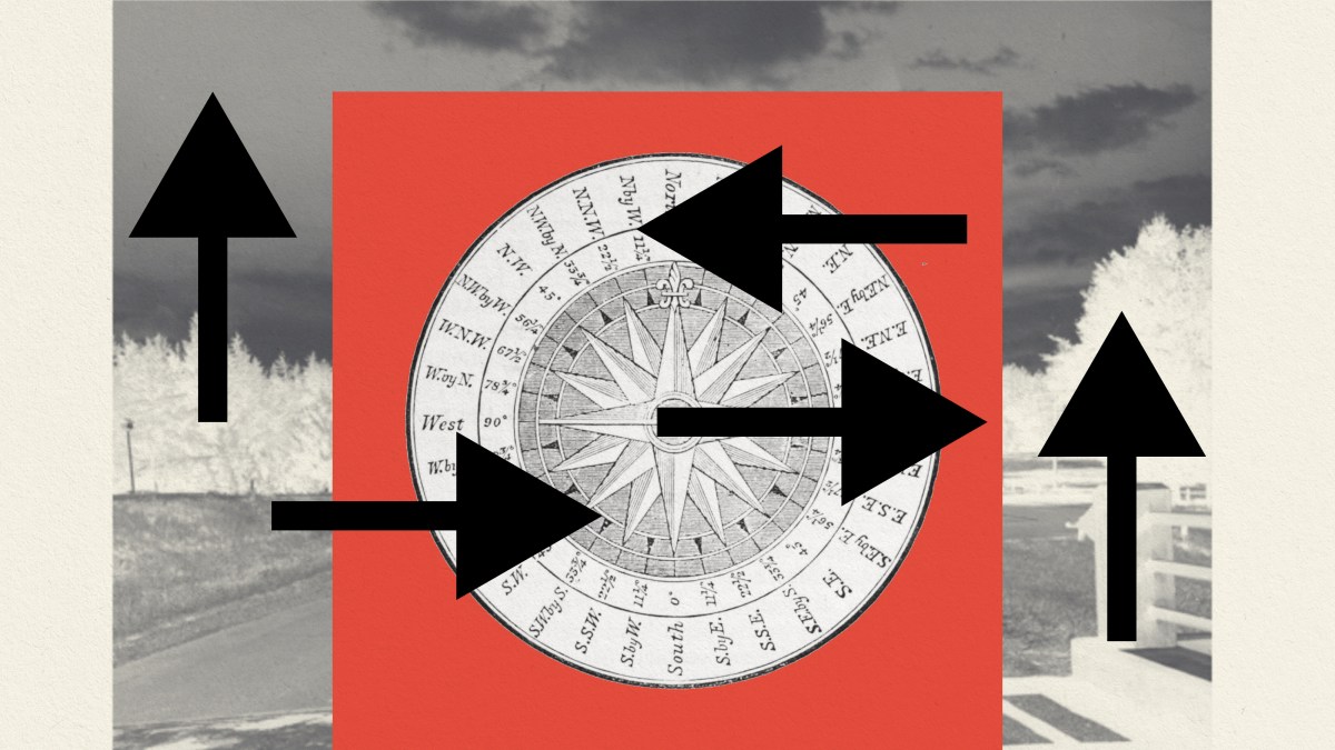 a black and white photo of a red square with arrows.