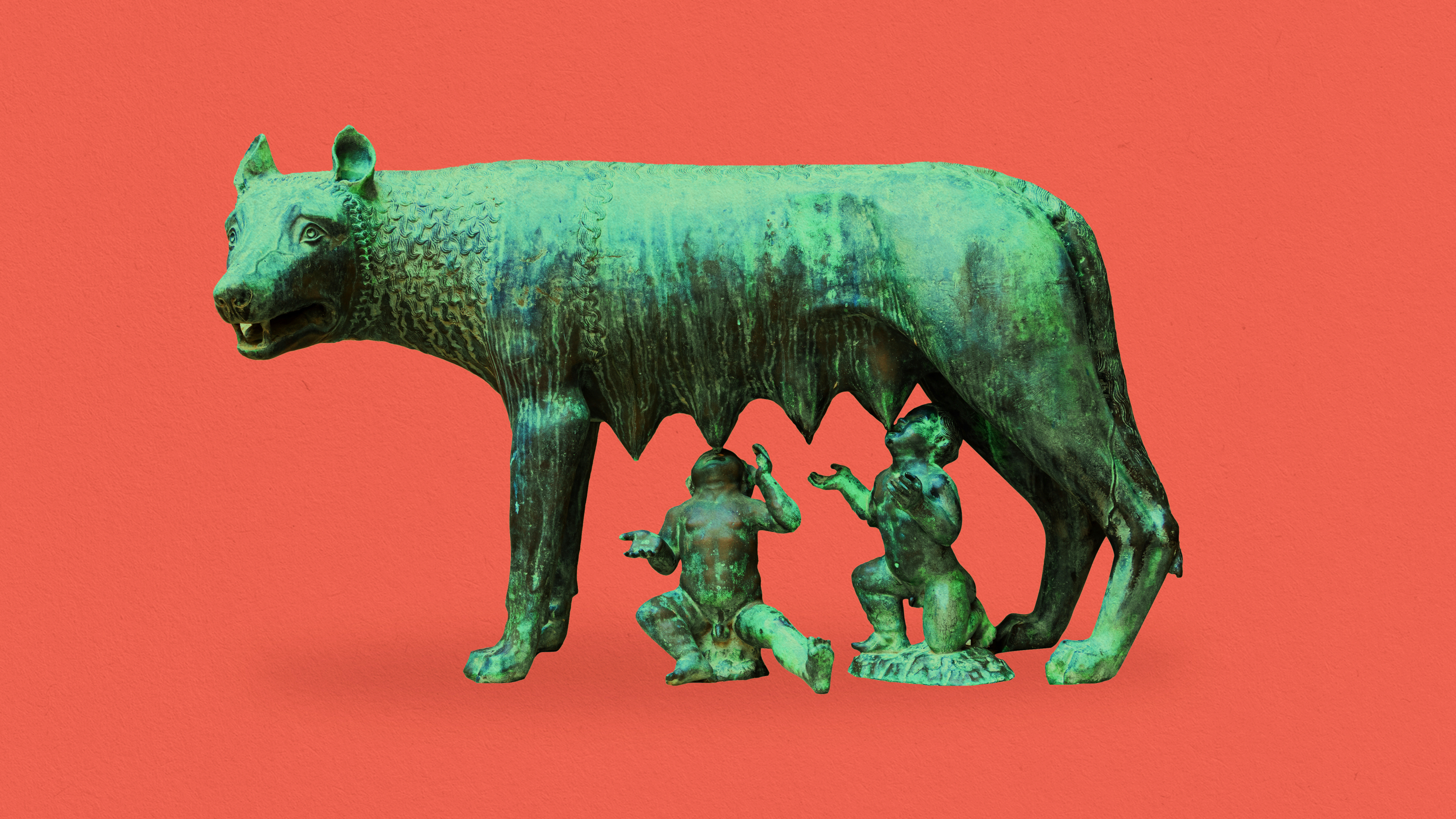 a bronze statue of a wolf and two children.