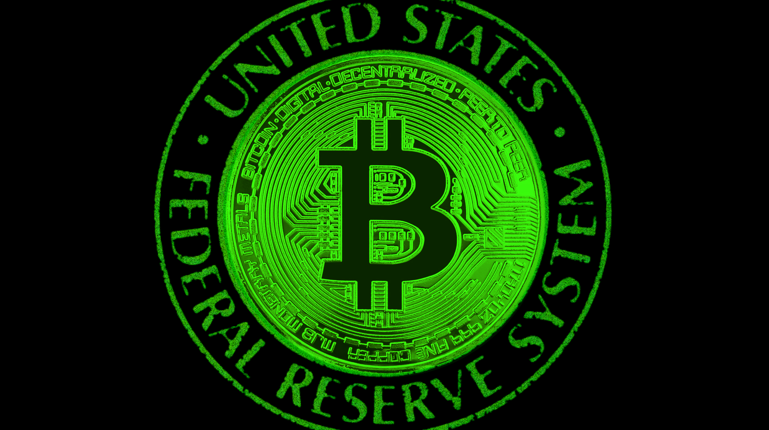 a green bitcoin logo on a black background.