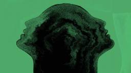 A black silhouette with two overlapping human profiles facing opposite directions on a green background.