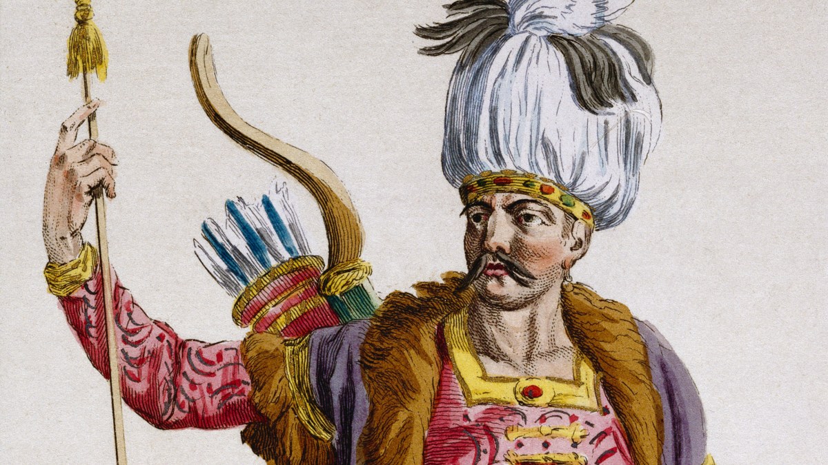 An old Mongol drawing of a man with a bow and arrow.