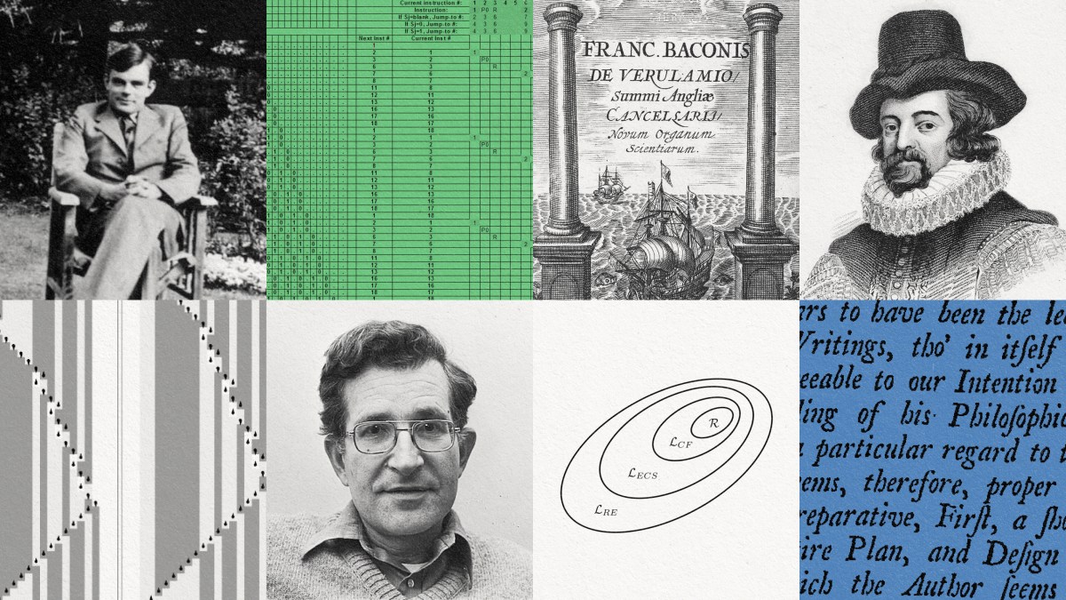 A juxtaposition of photos featuring individuals reflecting the philosophy of science through a book.