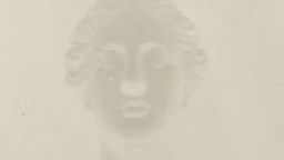 A faint, grayscale image of a classical statue’s face with soft features and minimal details visible against a plain background.