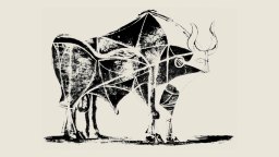 Black and white abstract drawing of a bull with geometric shapes and bold outlines, standing on a plain background.
