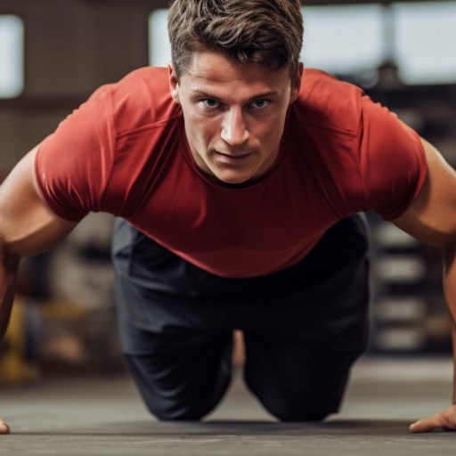 A man doing push ups in a gym.