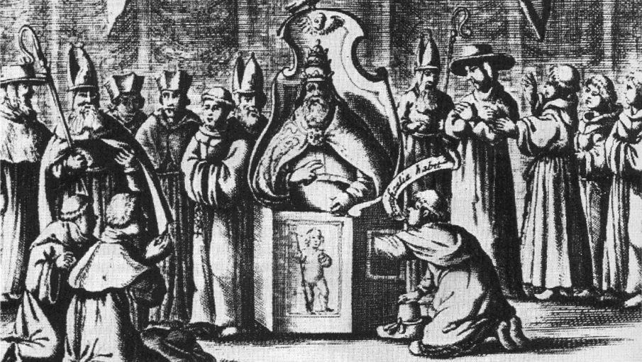 A monochromatic illustration of individuals seated at a table.