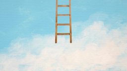 A wooden ladder extends downward from the top edge of the image against a blue sky with scattered white clouds.