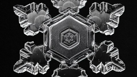 An image of a snowflake on a black background, showcasing its scientific intricacies and ethereal beauty.