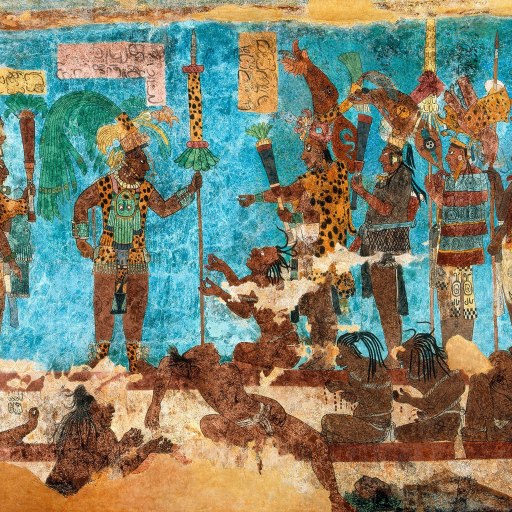 A painting of a group of people in the Tikal cave.