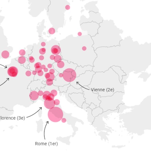 A map of europe with pink dots on it.