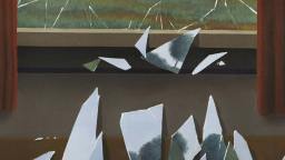 Large shards of broken glass lie on the floor in front of a window with cracked glass; red curtains frame the scene.