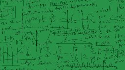 Green chalkboard filled with various mathematical equations, graphs, and formulas written in black marker.