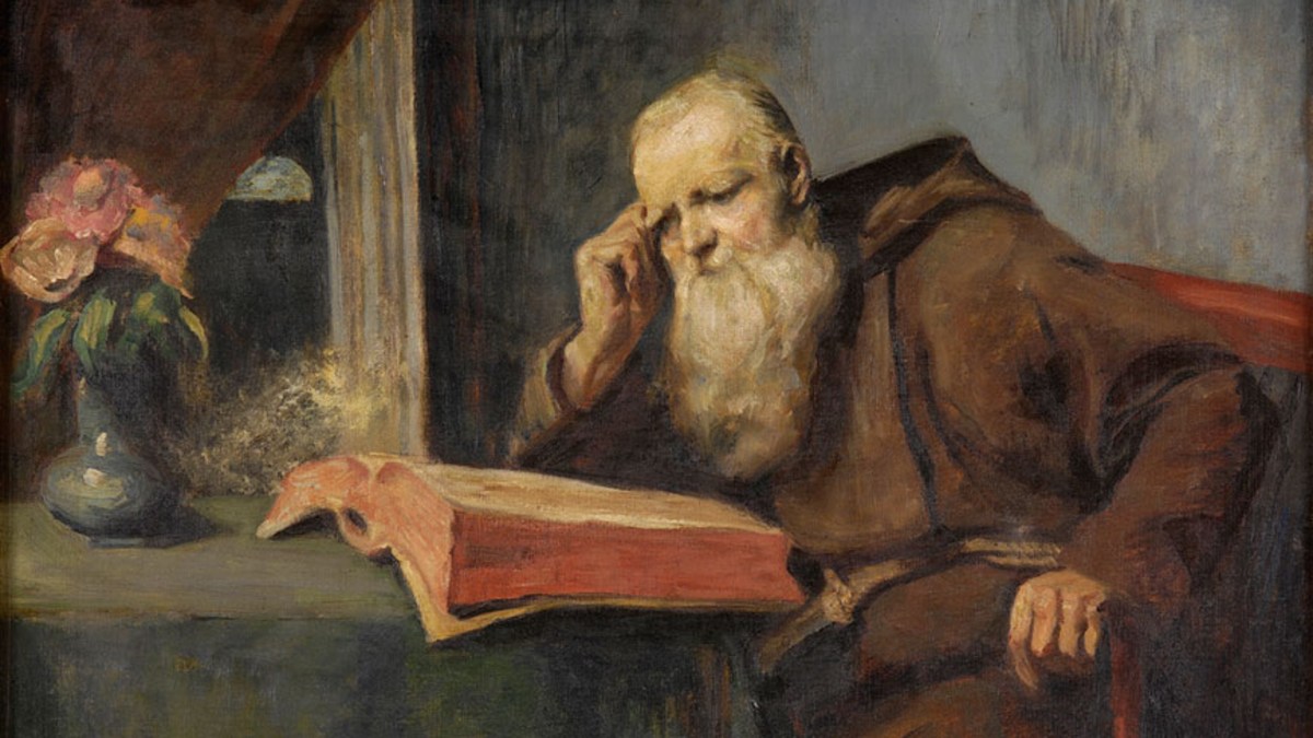 A painting of a monk reading a book.