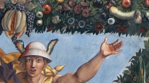 A painting of a man with a hat and fruit.