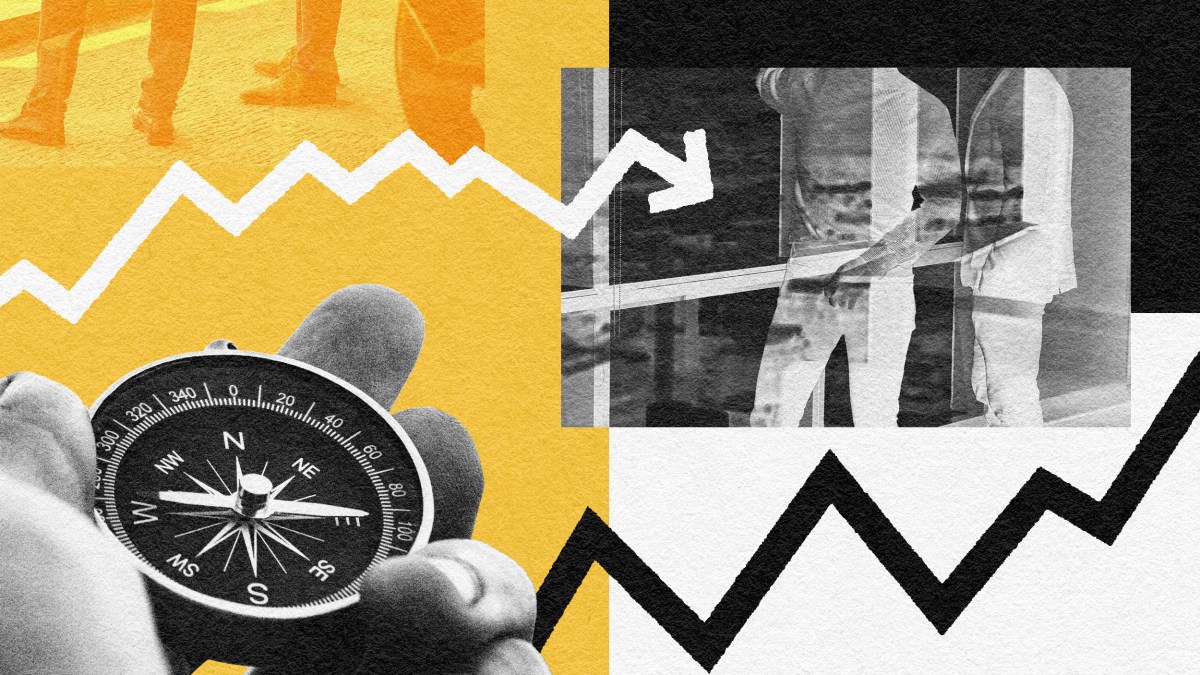 A person demonstrating leadership in the 2020s by holding a compass in front of a picture of a compass.