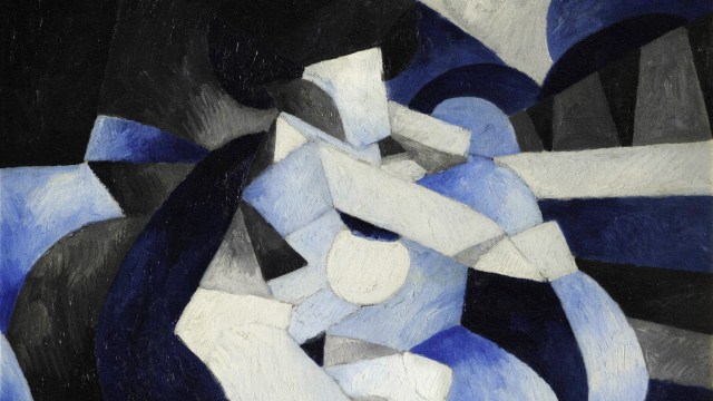 A QBism-inspired painting of a woman in blue and black.