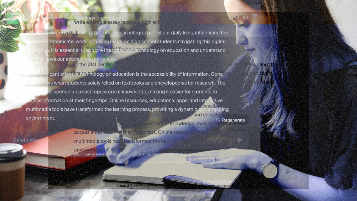 A woman jotting down her thoughts in a notebook using ChatGPT.