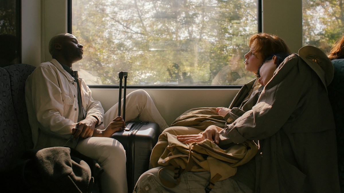 A group of people sleeping on a train.