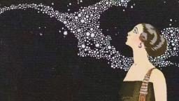 A woman in a sleeveless dress looks up at a bird shape formed by clusters of white dots against a dark background.