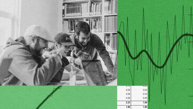 A group of people practicing altruistic capitalism while looking at a graph on a green background.