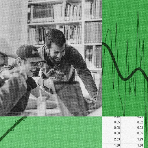 A group of people practicing altruistic capitalism while looking at a graph on a green background.