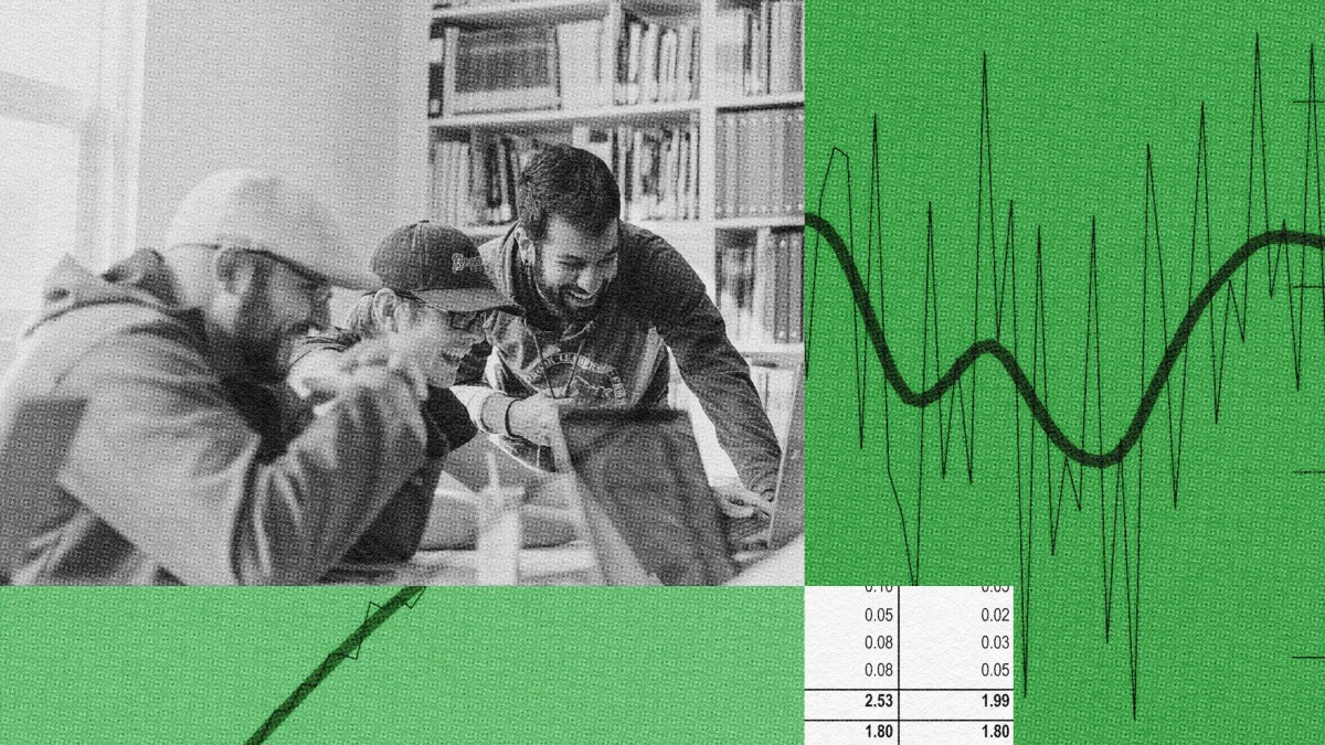 A group of people practicing altruistic capitalism while looking at a graph on a green background.