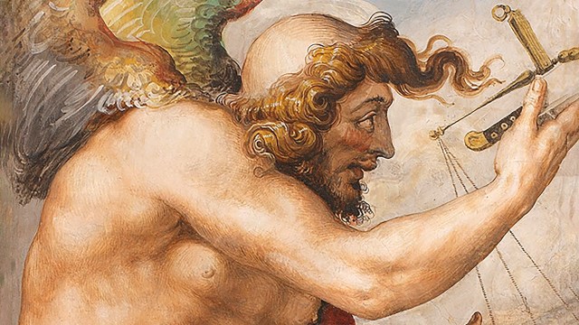 A kairos-inspired painting of an angel holding a telescope, capturing the essence of both timelessness and worldly exploration.