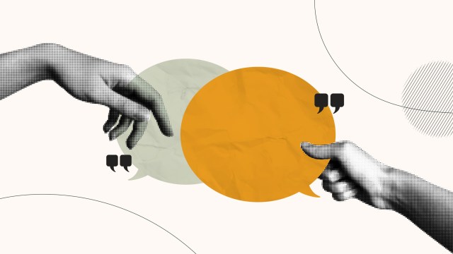 Two hands reaching for a speech bubble.