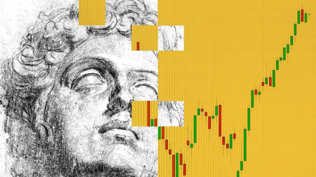 A drawing of a man with chart in the background.