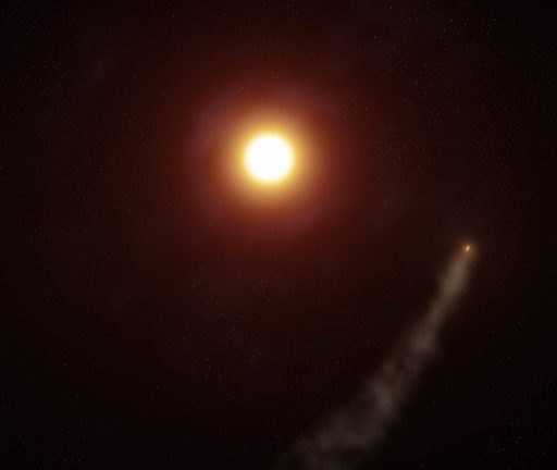 An artist's rendering of an evaporating exoplanet in the night sky.
