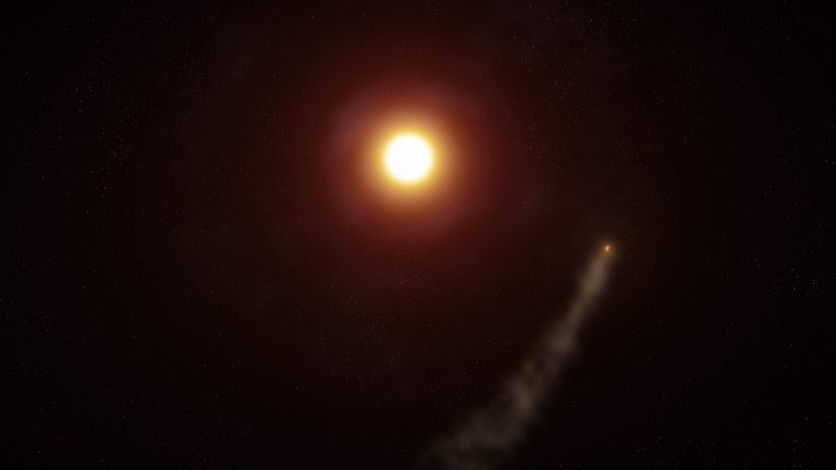 An artist's rendering of an evaporating exoplanet in the night sky.