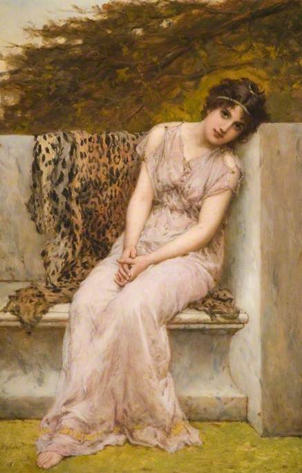 A painting of a woman in a pink dress sitting on a bench, created with the assistance of ChatGPT.