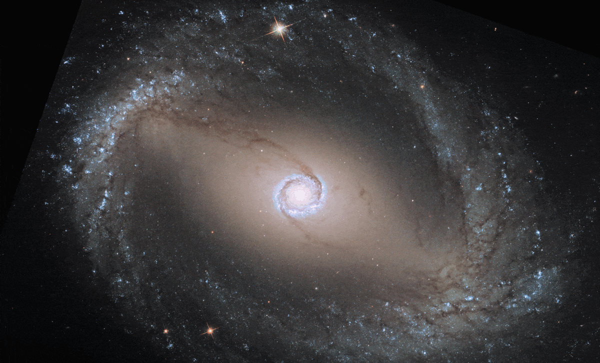 Webb&rsquo;s image of NGC 1512 shows a face-on barred spiral galaxy anchored by its central region, which is circular and shows a bright white point at the center with blue and yellow circles around it. The galaxy&rsquo;s large bar is crossed by filamentary dust lanes that extend diagonally to the top left and bottom right. The bar is connected to a dense oval-shaped ring of orange spiral arms that start at the edges of the bar