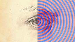 A human eye is drawn in pencil on the left, blending into a stylized version of the same eye overlaid with blue and red concentric circles on the right.