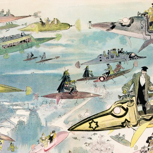 A drawing of a group of people soaring in a plane, embodying cosmism.