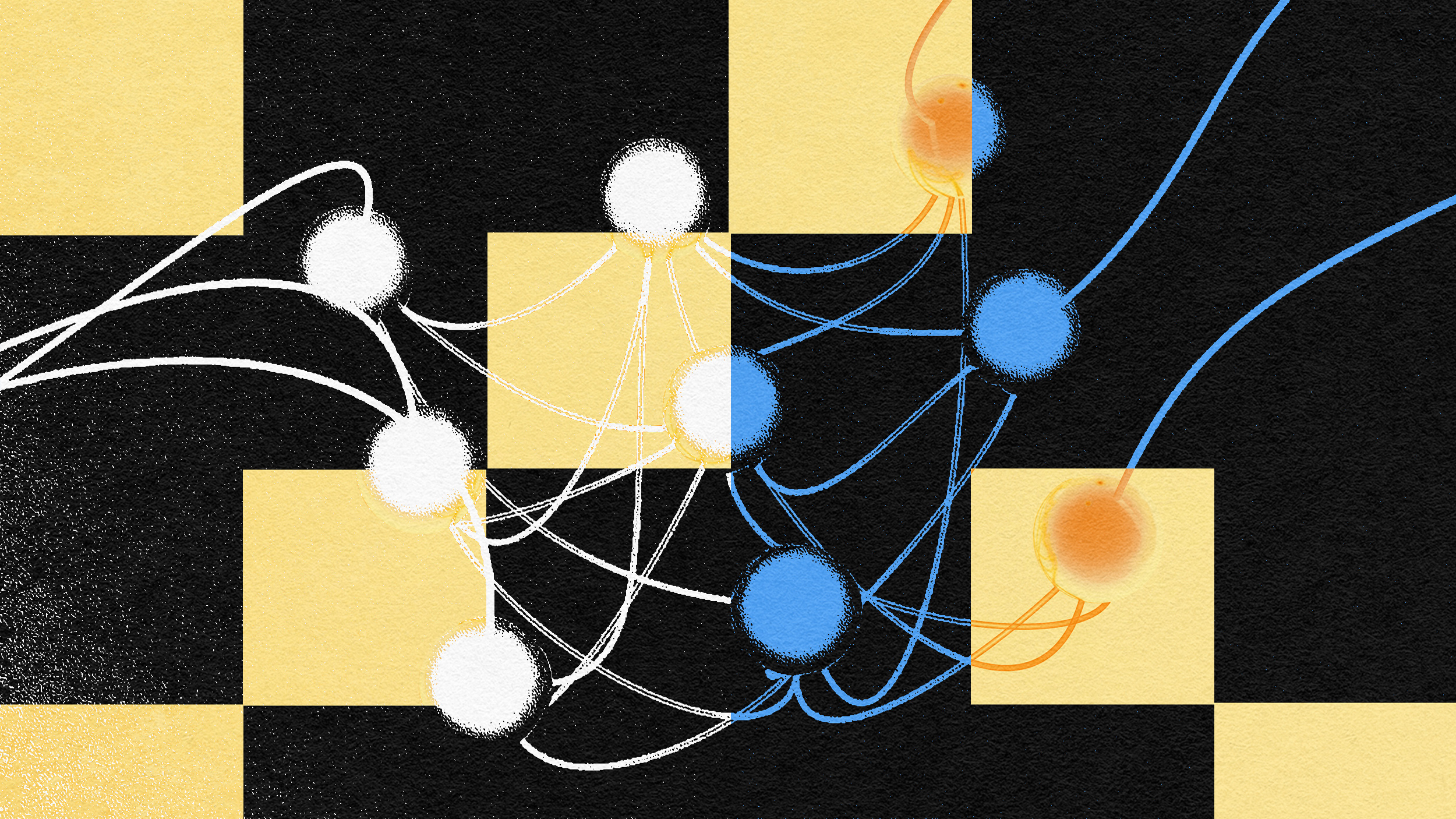 An illustration of a chess board with blue and orange dots, showcasing the AI wave.
