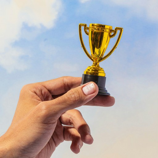 A person holding a gold trophy under a cloudy sky.