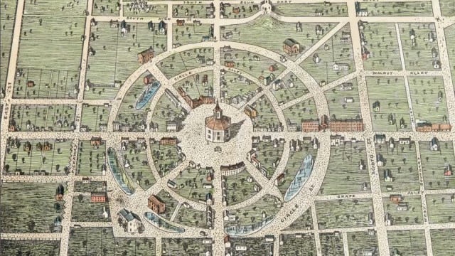 Historical map illustration depicting a planned city layout with a circular central area and radiating streets.