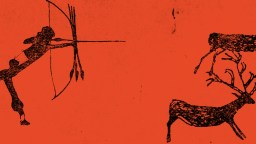 Black cave-painting style drawing of a person shooting arrows at a deer with antlers on a red-orange background.