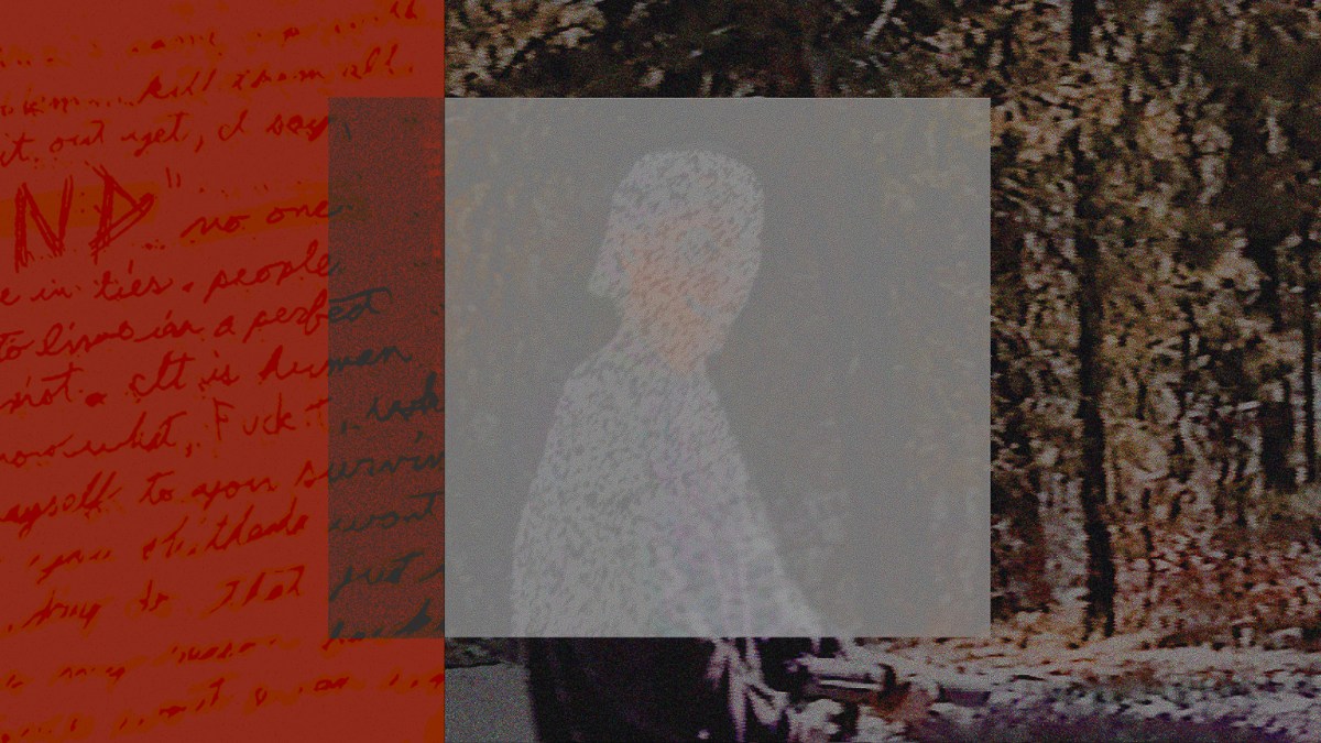 A pixelated image of a person in a white hoodie walking in the woods, with the person's face obscured by pixelation. The background features reddish handwritten text overlay.