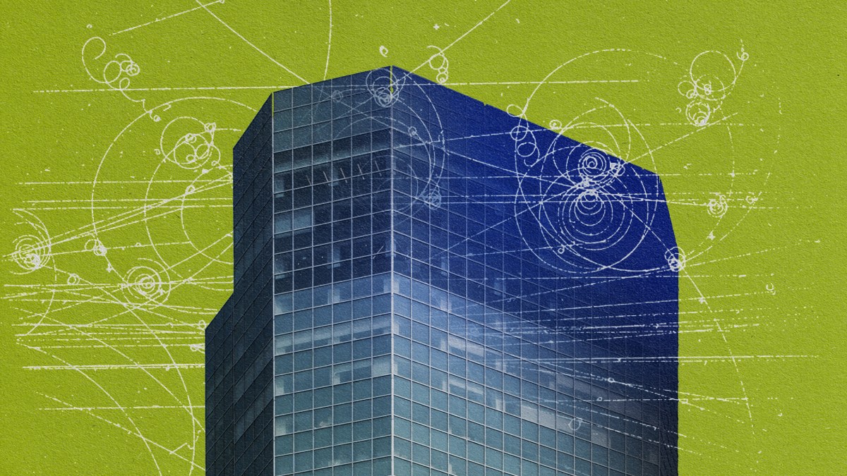 An illustration of a tall building featuring new office concepts.