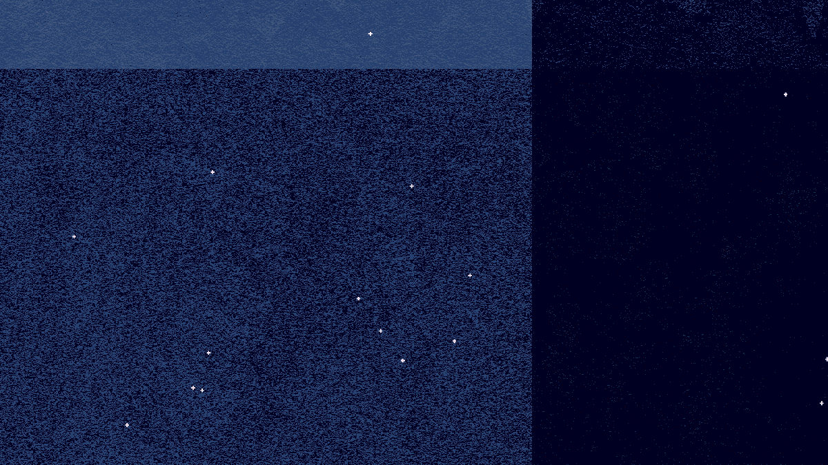 A minimalistic graphic depicting dual shades of blue, segmented horizontally, with small white dots scattered throughout, resembling a starry night sky.