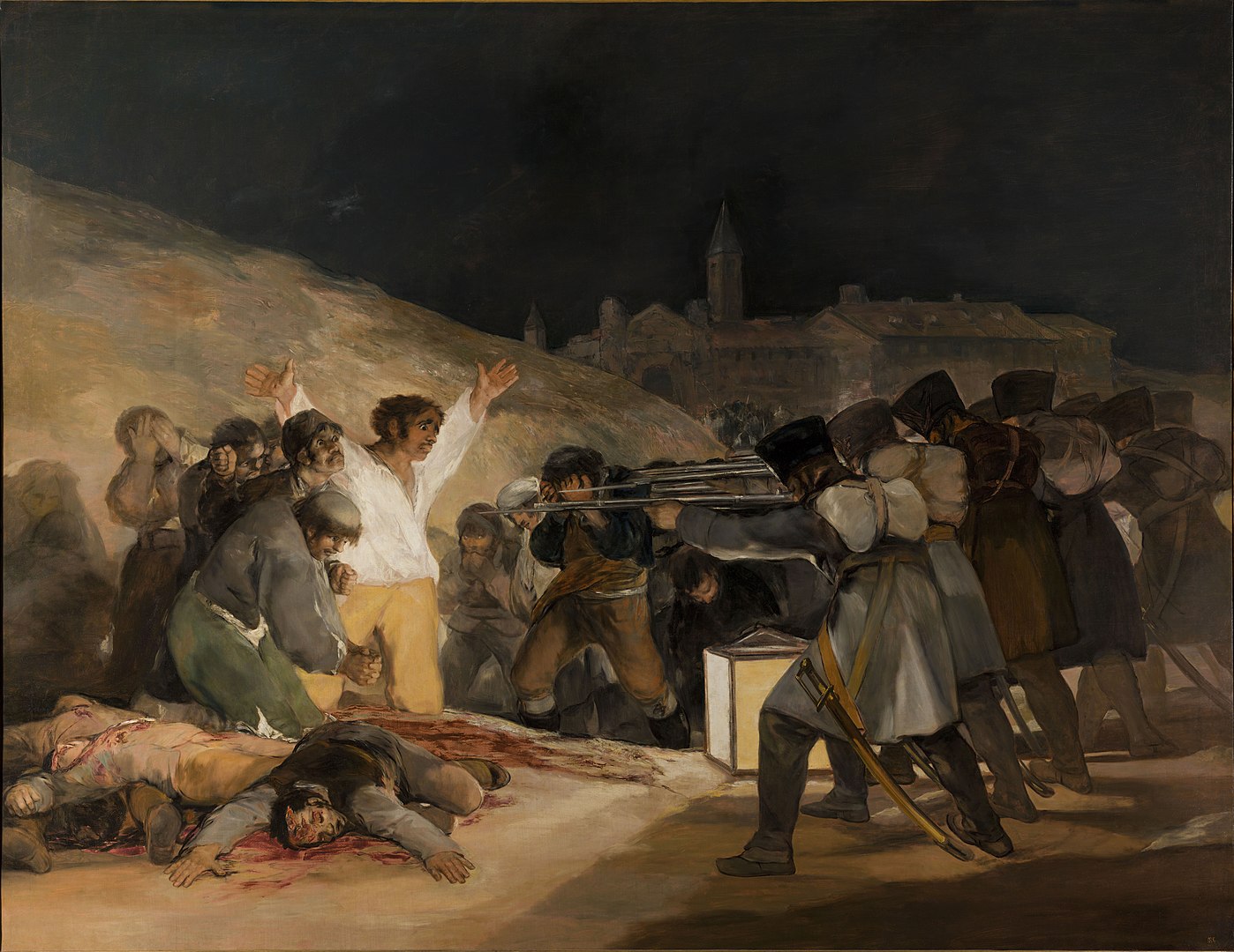 A graphic painting depicts soldiers executing unarmed men at night. One man in a white shirt, with outstretched arms, stands out, while others cower or lie dead around him. A church is visible in the background.