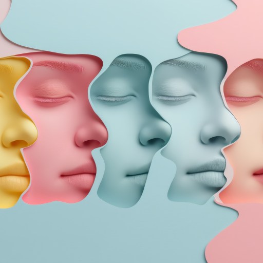 Close-up of five pastel-colored faces with closed eyes integrated into a wavy background, each face in a different color: yellow, pink, blue, green, and red.