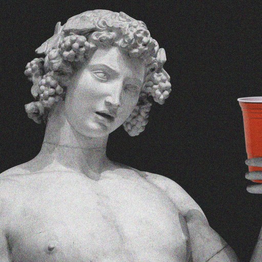 A statue of an authentic marble figure holding a red plastic cup against a black background.